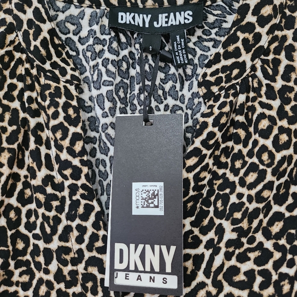 NWT DKNY Leopard Print Split V-Neck Long Sleeve Ruched Blouson Dress Small - Picture 5 of 7